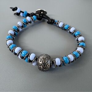 Hand Crafted Leather Wrap Beaded Bracelet Blues 7.25” to 7.5” Tree of Life NWT